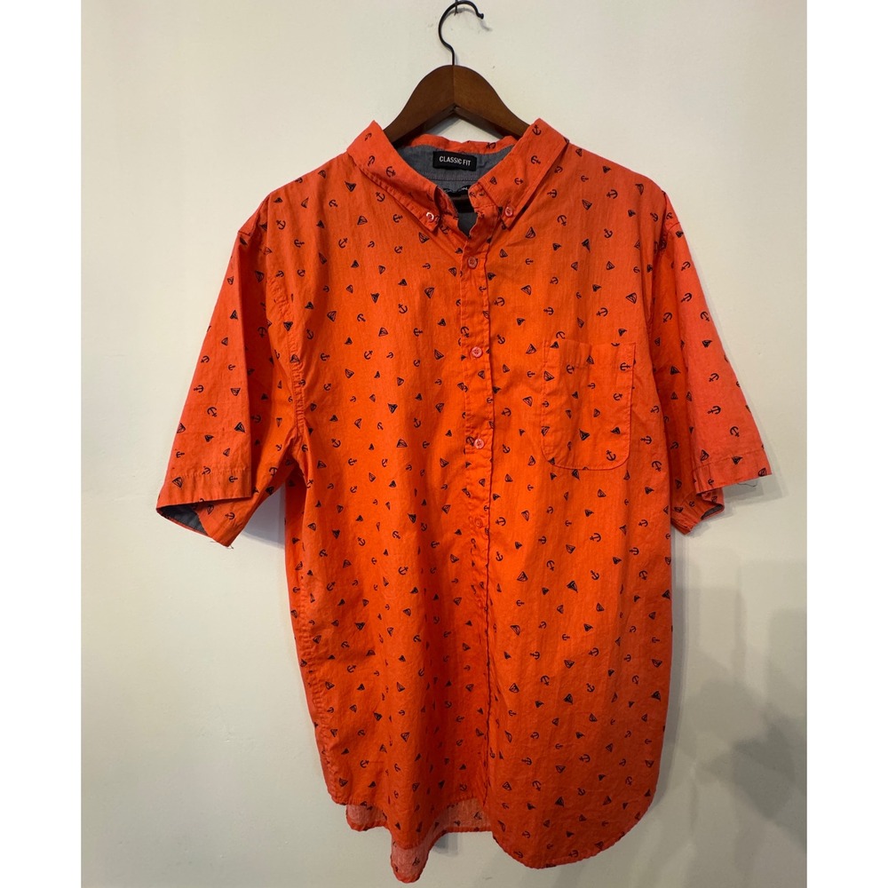 Carbon Mens XXL Orange Nautical Anchor Sailboat Short Sleeve Button Down Shirt